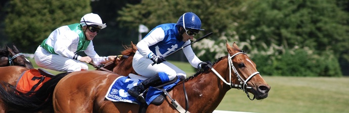 Two professional jockeys riding race horses on a race track.