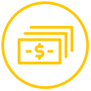 Graphic icon of three bank notes in the centre of a yellow circle.